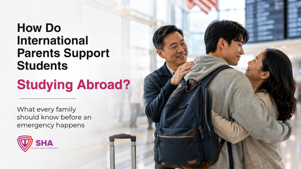 International parents embrace their student at an airport before studying abroad in the United States, representing trusted guardian support, international student safety, and peace of mind for families preparing for boarding school or college in America.